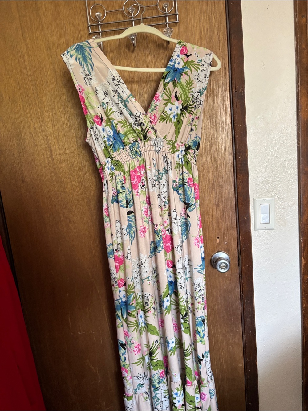 Floral V-Neck Maxi Dress in Beige with Pink & Blue Blooms